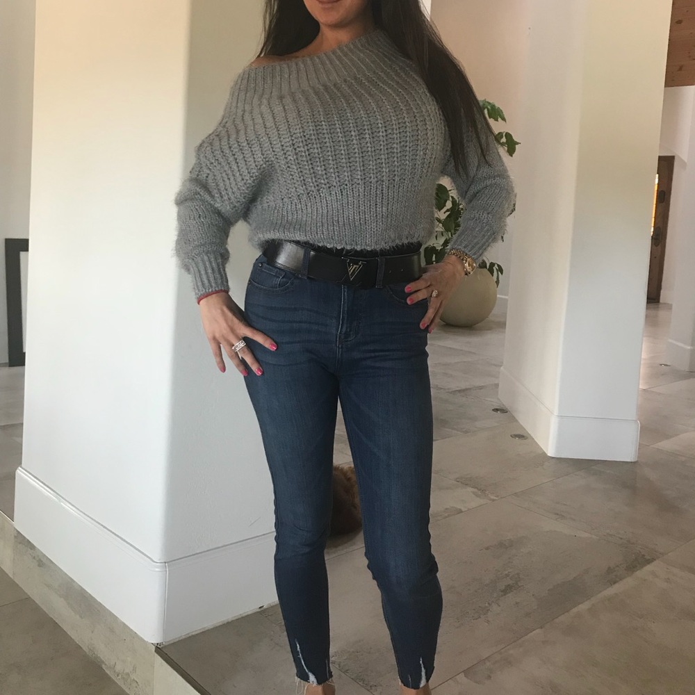 Gray sweater/ blouse; 75% acrylic and 25% mohair: